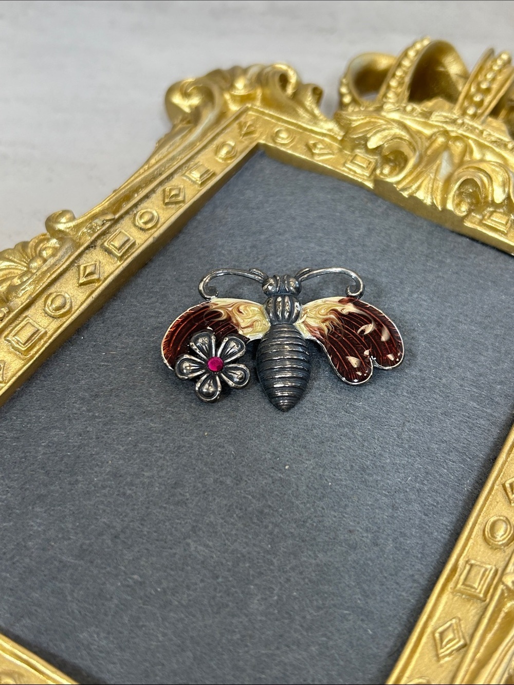Vintage-Inspired Bee & Flower Pin Brooch in Metallic Tones